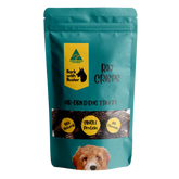 Teal package of 'Roo Crisps' air-dehydrated dog treats with a label and dog's face on a white background